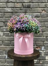 Цветочная композиция из Гипсофила и Розы в шляпной коробке в Цимлянском
