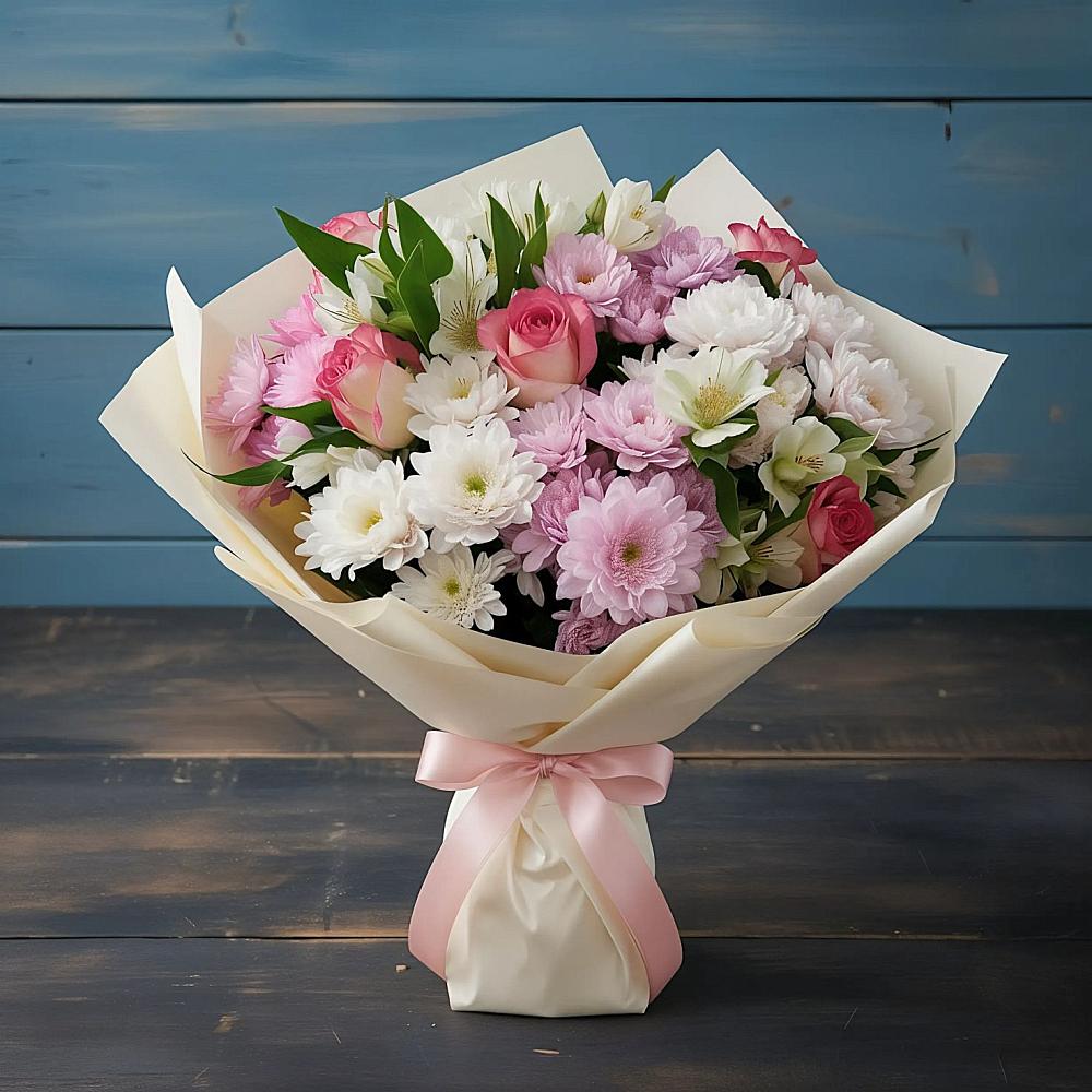 Букет цветов из: Хризантемы, Альстромерии и Розы в Цимлянском